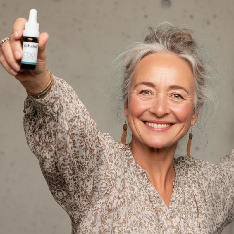 Smiling woman holding up a Cibdol CBD Oil 2.0 bottle