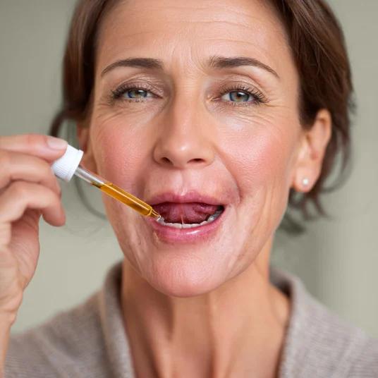 Woman taking Cibdol CBD oil drops under the tongue