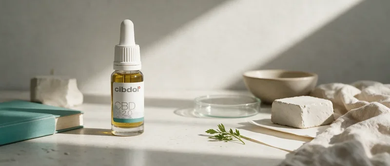 Still life with a Cibdol product introducing Anandamide: the endocannabinoid named after ananda
