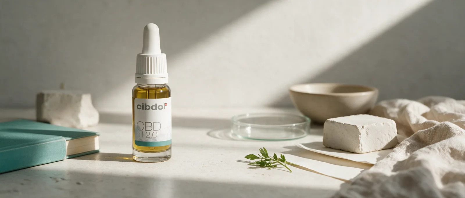 Still life with a Cibdol product introducing Anandamide: the endocannabinoid named after ananda