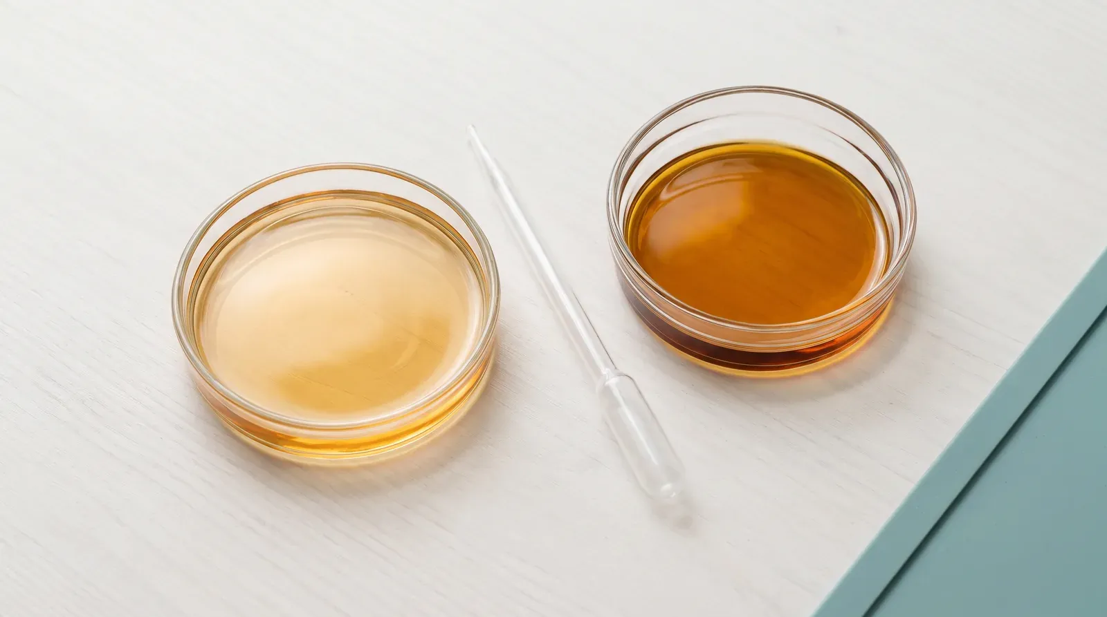 Two glass dishes of amber oil, one lighter than the other, with a pipette between them