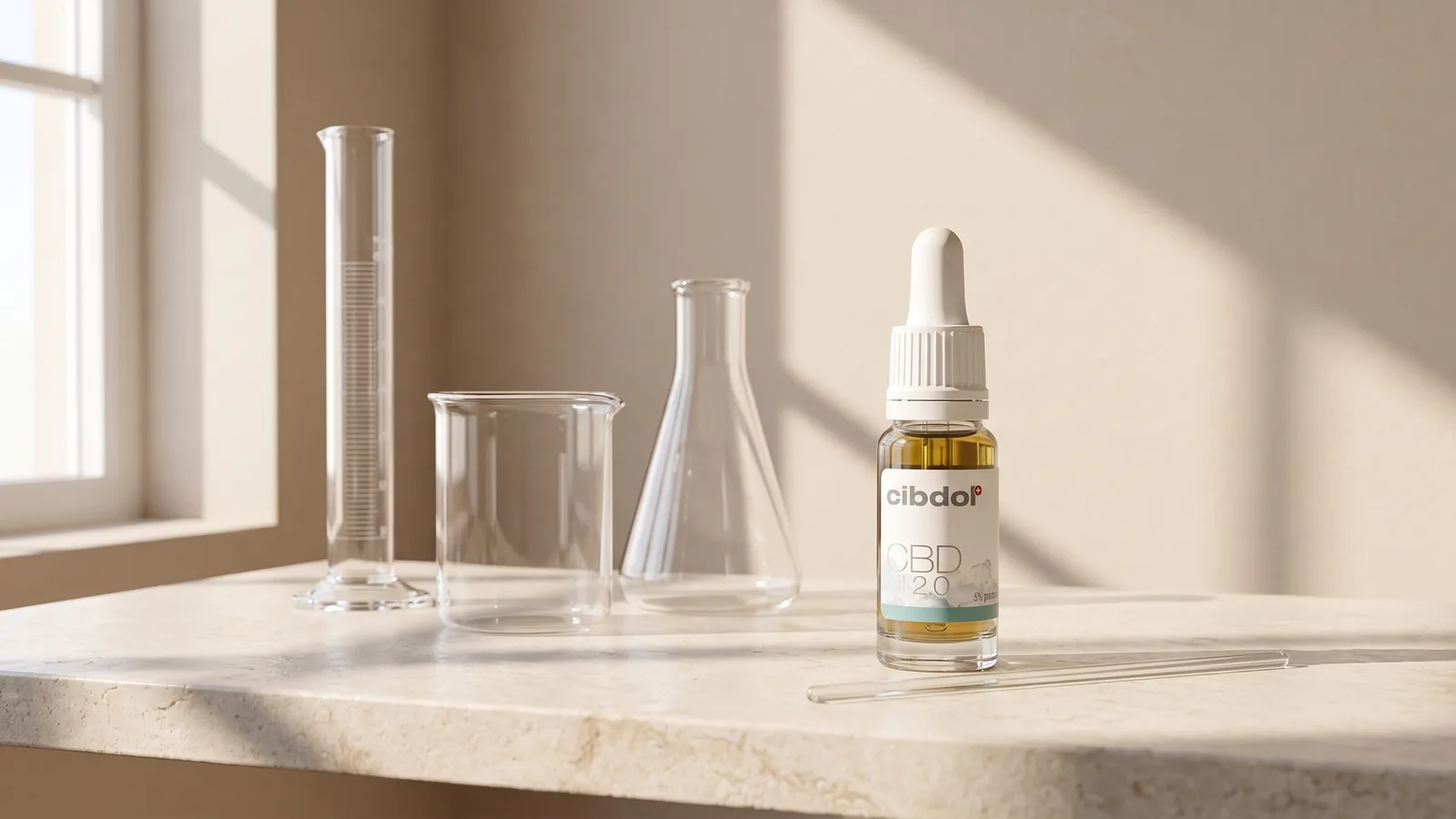 The Cibdol CBD Oil bottle on a pale stone bench beside clean empty laboratory glassware in daylight.