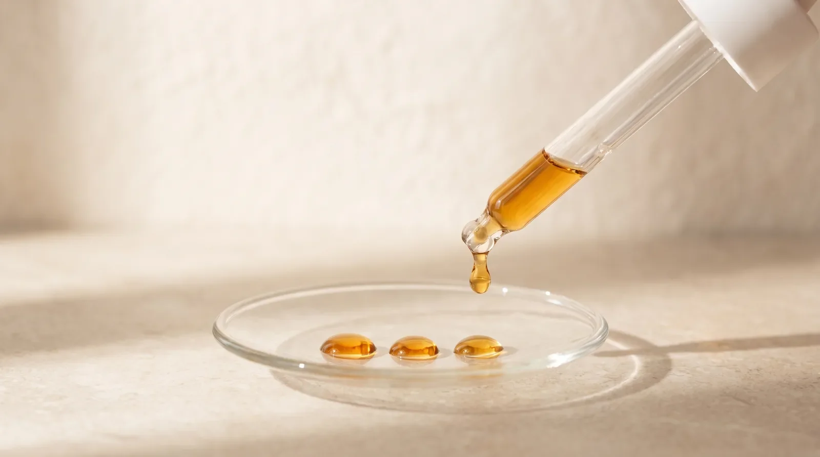 A glass pipette releasing a drop of amber oil onto a small glass dish with three drops