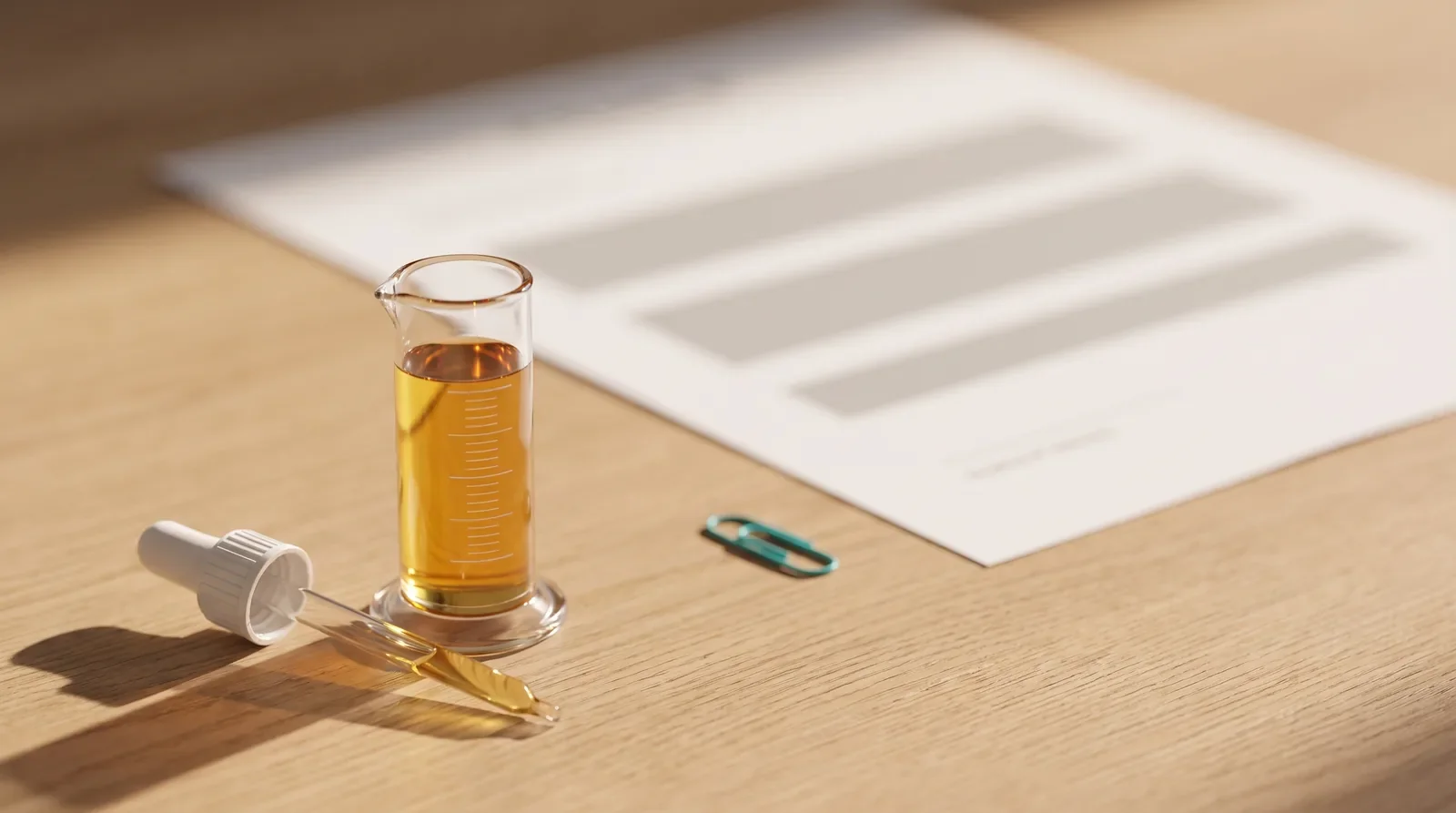 A glass measuring cylinder with amber oil beside a dropper, a teal paper clip and a report on oak