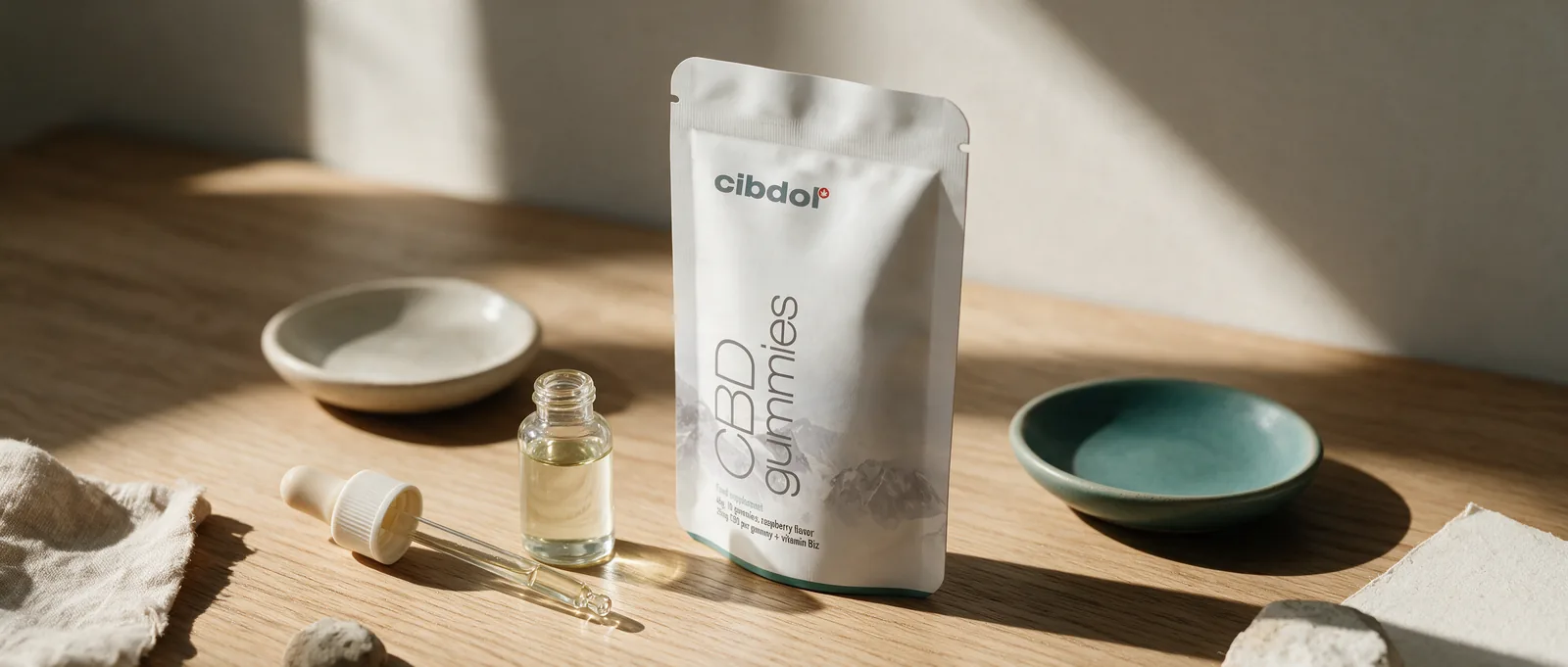 Still life with a Cibdol product introducing CBD Oil vs Gummies: Adjustable or Fixed