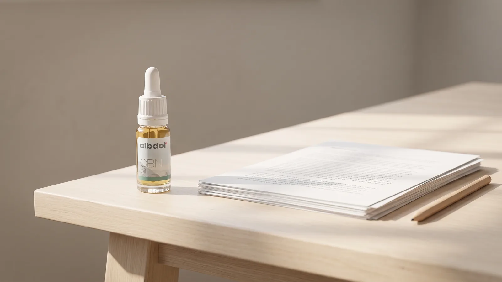 The Cibdol CBN Oil bottle on a pale wooden workbench beside a stack of printed research papers and a pencil.