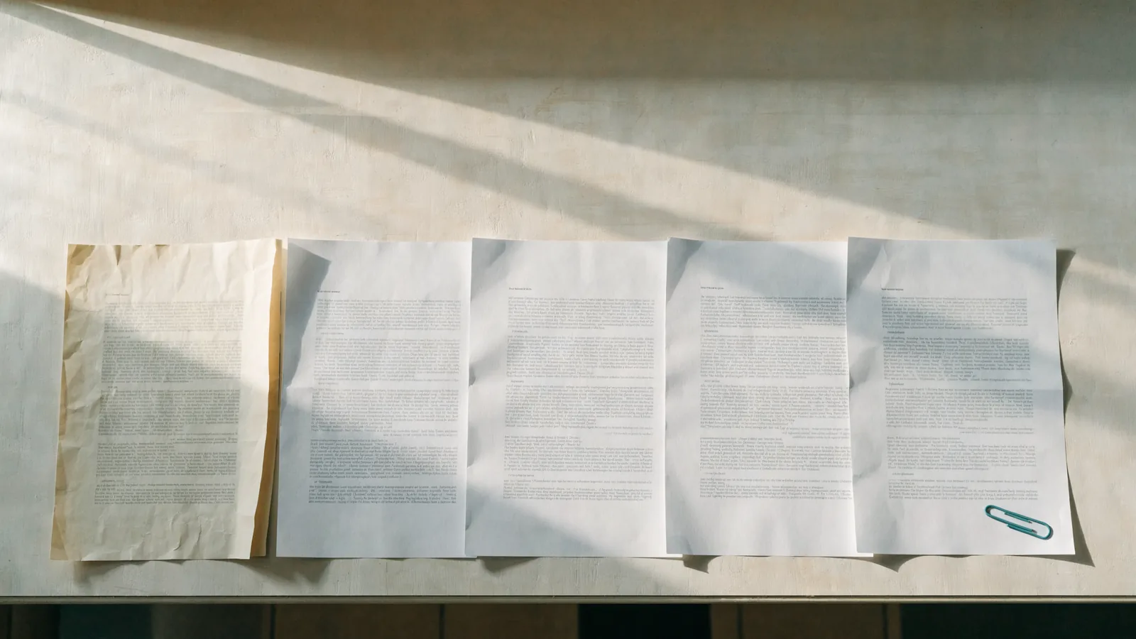 Five printed research papers laid out in a row on a pale bench, the leftmost one yellowed and creased with age, the other four crisp and white.