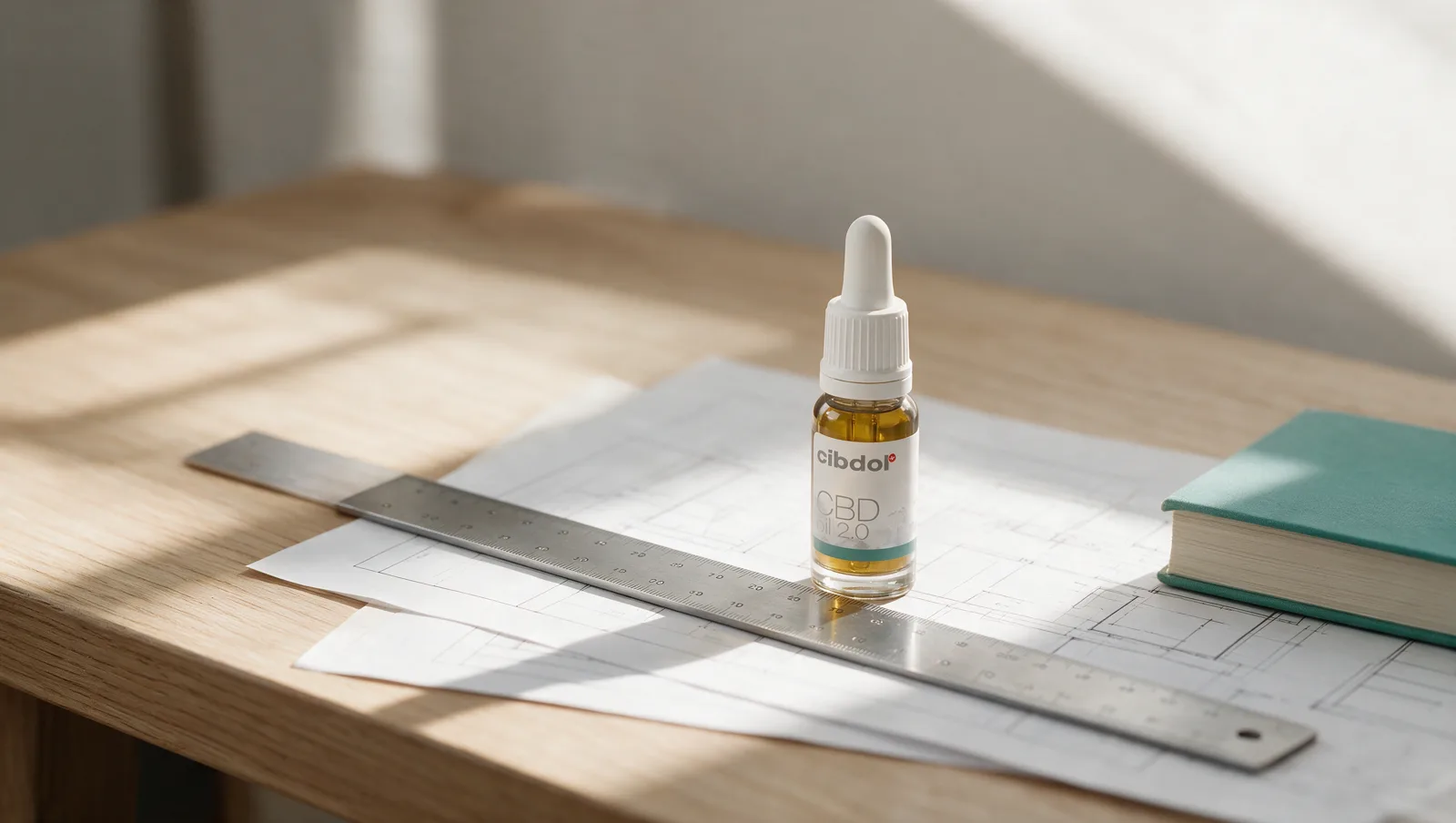 Architectural drawings a steel ruler and an amber dropper bottle on a pale sunlit workbench