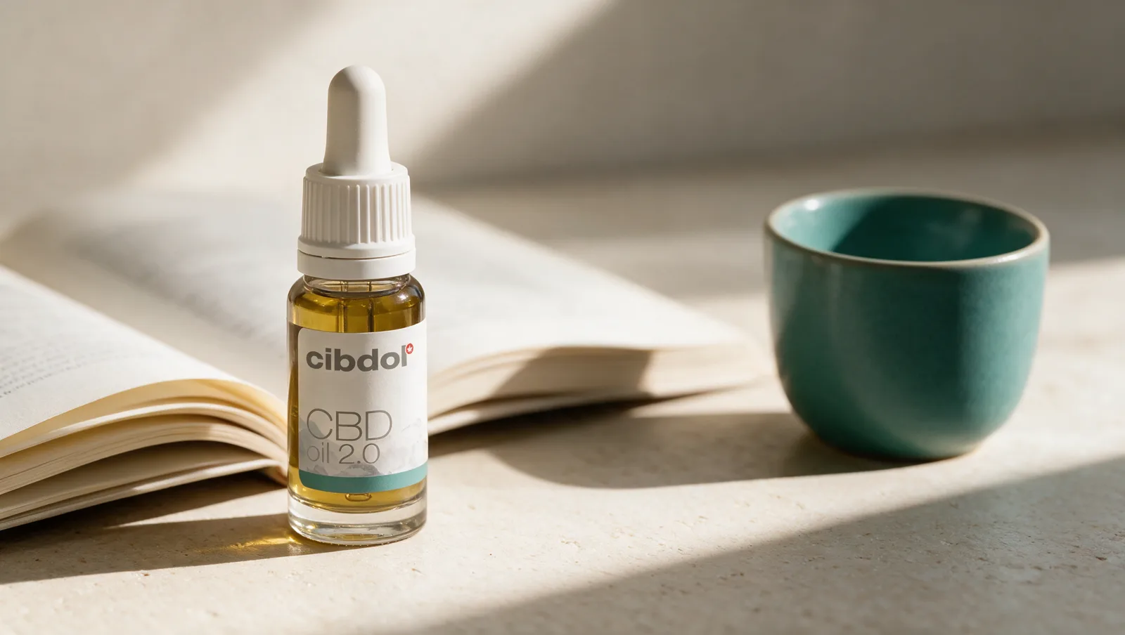 An open document beside an amber glass dropper bottle in warm daylight