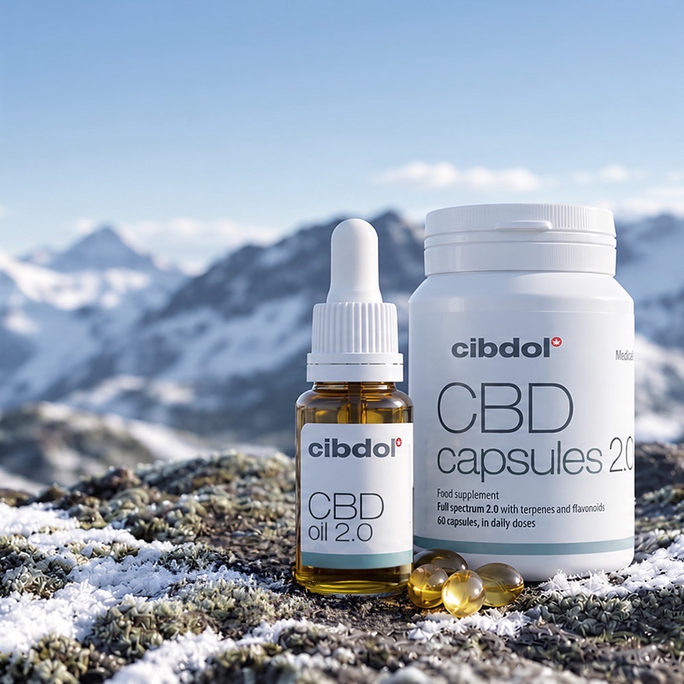 Cibdol CBD oil 2.0 and capsules 2.0 on a mountain ridge