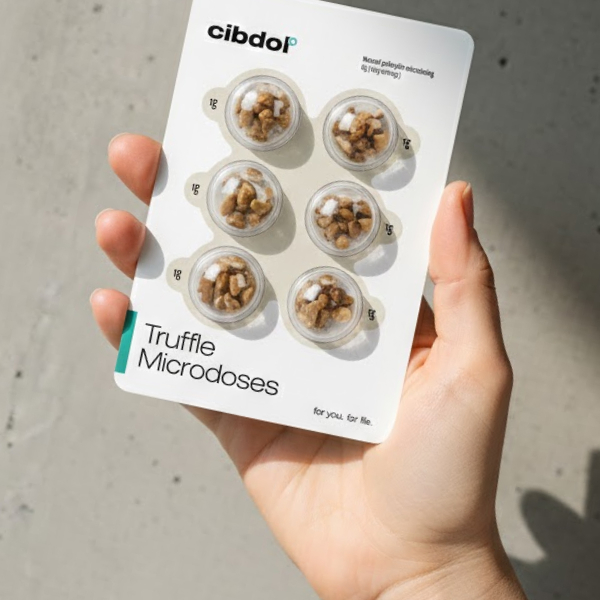 Vrouw met verpakking van microdosing truffles 2